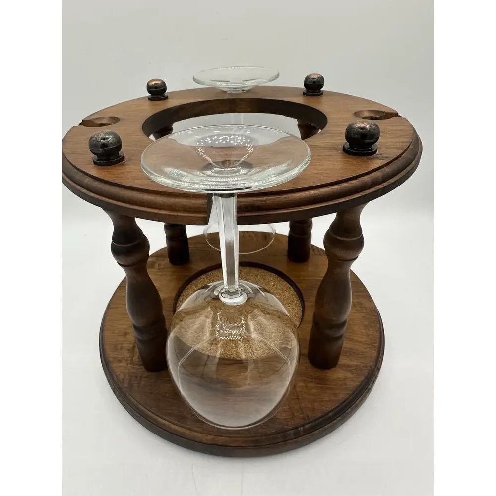 VTG Wooden Whine & Wine Glass Holder..WOODEN AND COPPER Retro Decor